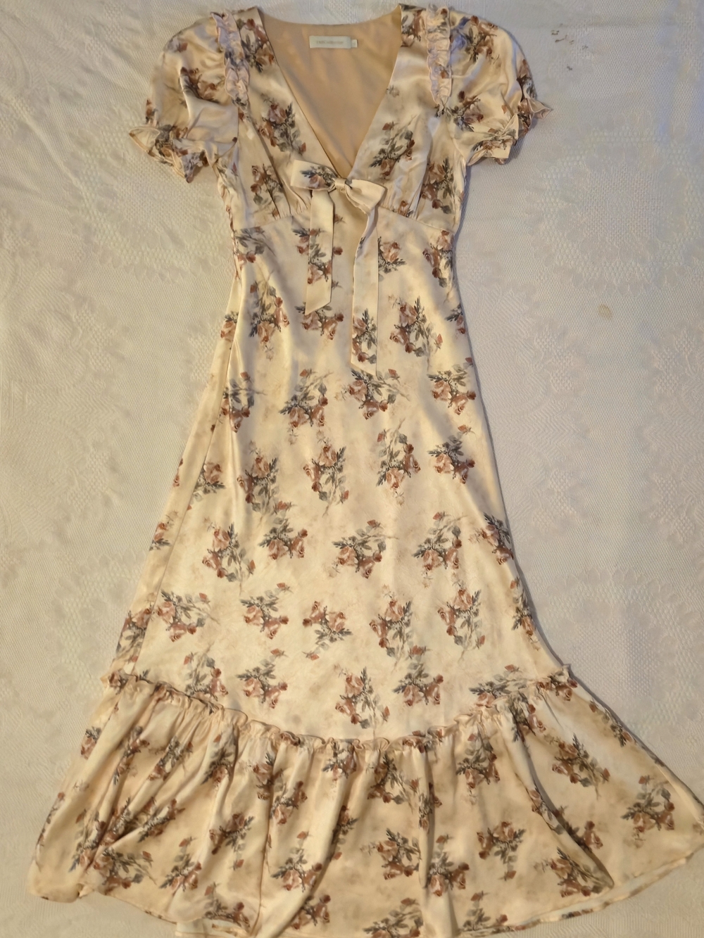Cottagecore Light Pink Floral Flowy Midi Dress V-Neck Puffed Sleeves Size XS